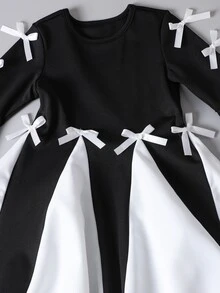 女婴蝴蝶结简约时尚长袖连衣裙，适合夏季 - 黑與白 - 查看 5
