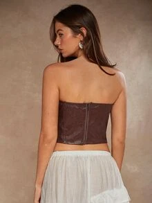 COSMINA Buckle Detail Bandana Hem PU Leather Tube Top - Bronze - View 2