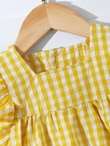 SHEIN 女嬰新款時尚格紋印花短袖連身衣，柔軟舒適面料，可愛公主風熱帶風情，適合夏季度假，白色與黃色 - 黃色 - 查看 6