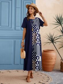 EMERY ROSE Women's Summer Round Neck Short-Sleeve Dress With Pattern Patchwork - Blue - View 6
