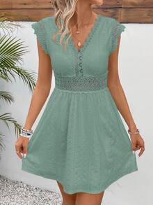 SHEIN Frenchy Women's Solid Color V-Neck Ruffled Hem Casual Mini Dress,Summer DressesSpring Clothes Green Christmas Beach Vacation Holiday Resort - Green - View 3