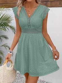 SHEIN Frenchy Women's Solid Color V-Neck Ruffled Hem Casual Mini Dress,Summer DressesSpring Clothes Green Christmas Beach Vacation Holiday Resort - Green - View 5