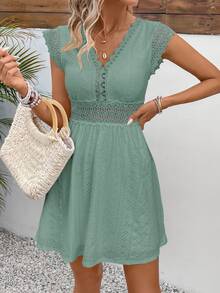 SHEIN Frenchy Women's Solid Color V-Neck Ruffled Hem Casual Mini Dress,Summer DressesSpring Clothes Green Christmas Beach Vacation Holiday Resort - Green - View 6