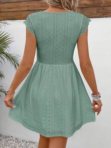 SHEIN Frenchy Women's Solid Color V-Neck Ruffled Hem Casual Mini Dress,Summer DressesSpring Clothes Green Christmas Beach Vacation Holiday Resort - Green - View 2