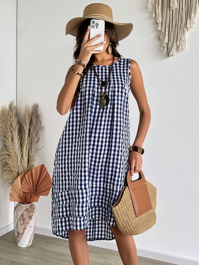 EMERY ROSE Vestido casual de cuadros sin mangas hasta la pantorrilla para vacaciones de mujer