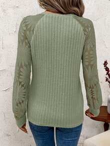 SHEIN Clasi Women Fuzzy Patchwork Sunflower Lace Trim T-Shirt - Green - View 2
