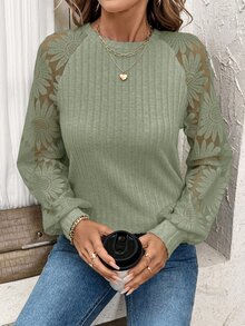 SHEIN Clasi Women Fuzzy Patchwork Sunflower Lace Trim T-Shirt - Green - View 1