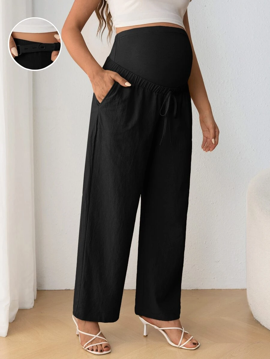 SHEIN Maternity Casual Adjustable Waist Drawstring Bowknot Belly Support Straight Leg High Waist Pants Fall - Black - View 1