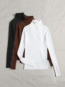 SHEIN LUNE 女士纯色高领长袖休闲毛衣，秋冬款 3 件 - 咖啡棕 - 查看 4