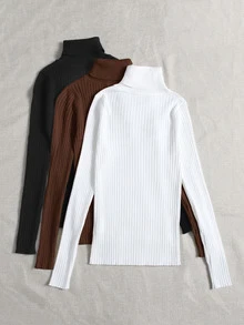 SHEIN LUNE 女士纯色高领长袖休闲毛衣，秋冬款 3 件 - 咖啡棕 - 查看 2