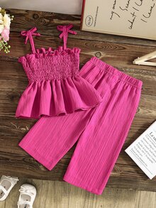 SHEIN Baby Girl Solid Color Ruffle Trim Camisole Pants Casual Cute Cowgirl 2 Pieces Set Photoshoot Family Matching Summer - Hot Pink - View 4