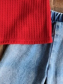 SHEIN 2pcs/Set Baby Girls Outfit,Red Round Neck Cap Sleeve Top And Cherry Embroidered Denim Pants,Sweet Summer Casual Vacation Style For Everyday Wear - Red - View 9