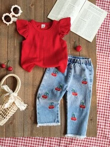 SHEIN 2pcs/Set Baby Girls Outfit,Red Round Neck Cap Sleeve Top And Cherry Embroidered Denim Pants,Sweet Summer Casual Vacation Style For Everyday Wear - Red - View 2