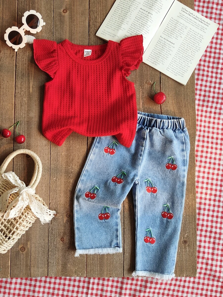 SHEIN 2pcs/Set Baby Girls Outfit,Red Round Neck Cap Sleeve Top And Cherry Embroidered Denim Pants,Sweet Summer Casual Vacation Style For Everyday Wear