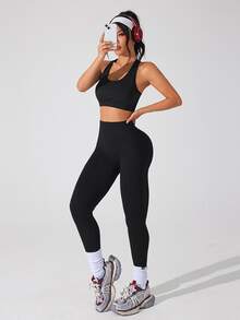 SHEIN Sports Solid Color High Waist Seamless Yoga Leggings - Black - View 5