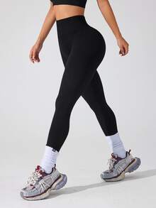 SHEIN Sports Solid Color High Waist Seamless Yoga Leggings - Black - View 3