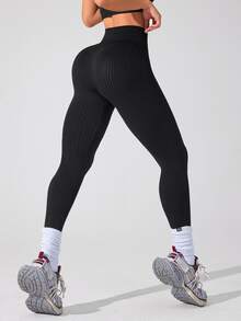 SHEIN Sports Solid Color High Waist Seamless Yoga Leggings - Black - View 4