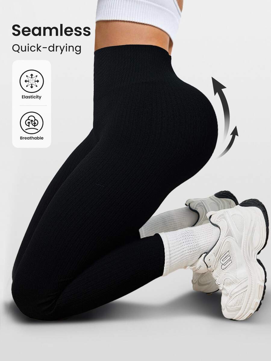 SHEIN Sports Solid Color High Waist Seamless Yoga Leggings - Black - View 1