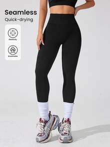 SHEIN Sports Solid Color High Waist Seamless Yoga Leggings - Black - View 6