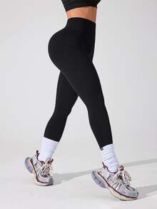SHEIN Sports Solid Color High Waist Seamless Yoga Leggings - Black - View 7
