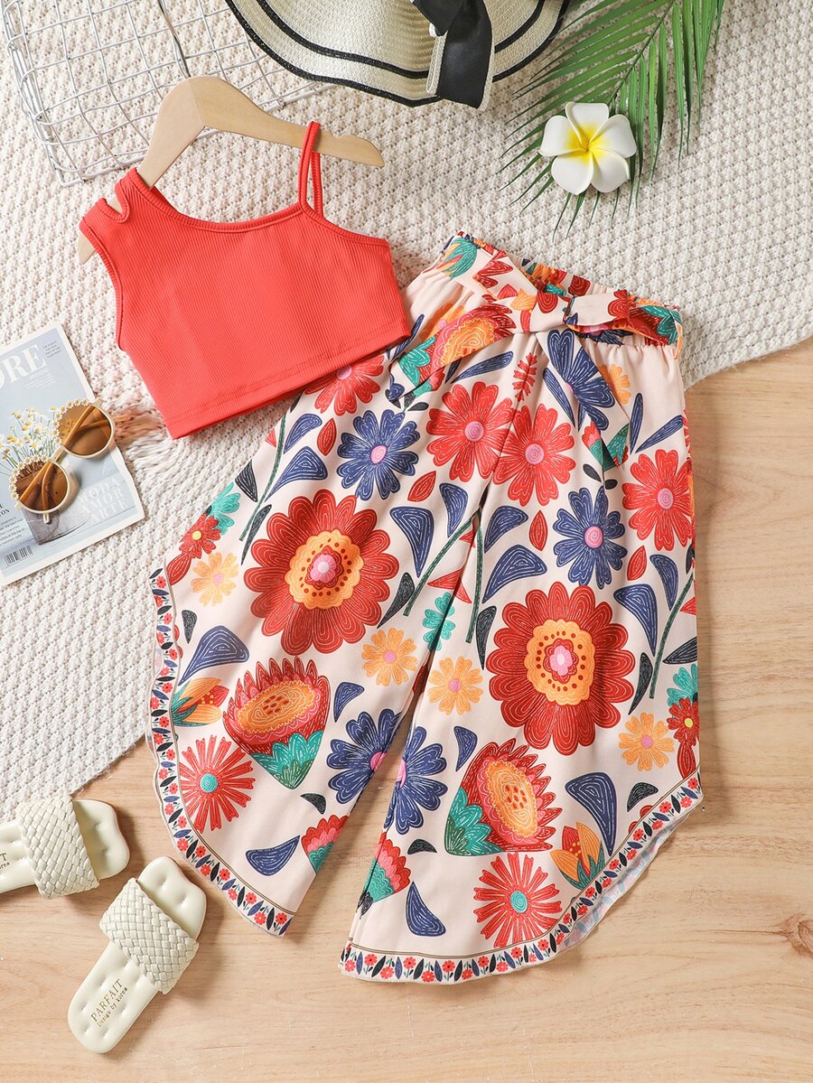 SHEIN Young Girl 2pcs Summer Vacation Solid Color Top And Floral Print Pants Set,Holiday,Summer, Travel 7th Birthday Brown