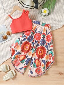 SHEIN Young Girl 2pcs Summer Vacation Solid Color Top And Floral Print Pants Set,Holiday,Summer, Travel 7th Birthday Brown - Orange - View 3