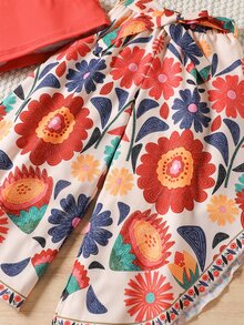 SHEIN Young Girl 2pcs Summer Vacation Solid Color Top And Floral Print Pants Set,Holiday,Summer, Travel 7th Birthday Brown - Orange - View 8