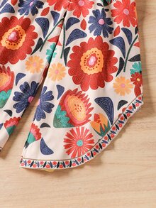 SHEIN Young Girl 2pcs Summer Vacation Solid Color Top And Floral Print Pants Set,Holiday,Summer, Travel 7th Birthday Brown - Orange - View 4