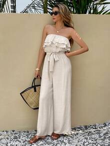 Serisse Women's Solid Color Ruffled Vacation Casual Jumpsuit Summer Holiday Resort - Apricot - View 7