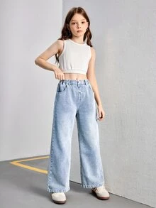 SHEIN Loose Relaxed Light Wash Straight Leg Jeans For Tween Girls, Cover Up And Versatile Design Suitable Daily Wear, School, Campus, College Summer Holiday - Light Wash - View 6