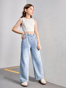 SHEIN Loose Relaxed Light Wash Straight Leg Jeans For Tween Girls, Cover Up And Versatile Design Suitable Daily Wear, School, Campus, College Summer Holiday - Light Wash - View 7