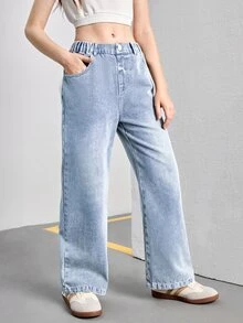 SHEIN 女童寬鬆休閒淺色水洗直筒牛仔褲，百搭遮肉設計，適合日常穿著、學校、校園、大學夏季假期 - 淺色水洗藍 - 查看 8