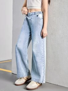 SHEIN Loose Relaxed Light Wash Straight Leg Jeans For Tween Girls, Cover Up And Versatile Design Suitable Daily Wear, School, Campus, College Summer Holiday - Light Wash - View 4