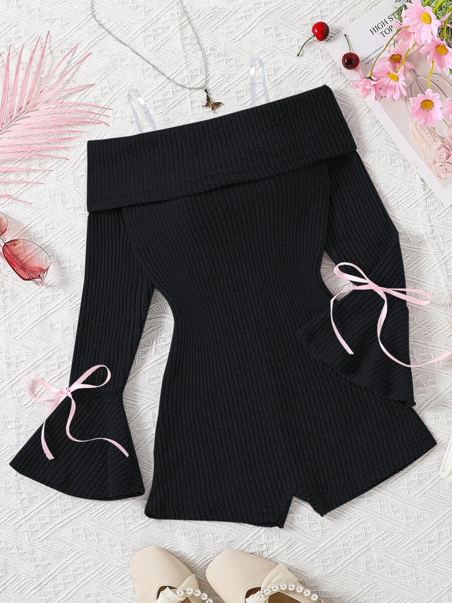SHEIN Elladie kids Tween Girls Black Off Shoulder Flare Sleeve Romper, Ribbon Bow Ribbed Knit Long Sleeve Jumpsuit Shorts For Girls - Black - View 1