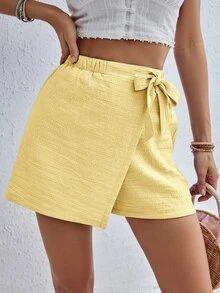 SHEIN Frenchy Summer Bow Decor Casual Women Comfy Shorts - Yellow - View 3