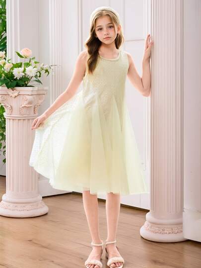 Tween Girls' Elegant Sequin Contrast Mesh High-End Fashion Dress
