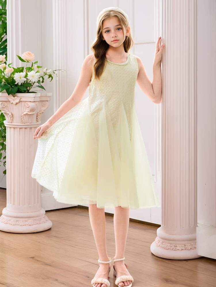 Tween Girls' Elegant Sequin Contrast Mesh High-End Fashion Dress - Apricot - View 1