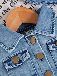 SHEIN Playful Pals 女嬰 80年代搖滾 2016美學 牛仔短袖連身褲 漁夫帽 夏季套裝 淺藍色 假期家庭拍照服飾 - 藍色 - 查看 6