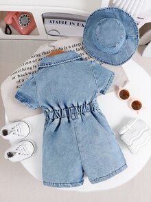 SHEIN Playful Pals 女嬰 80年代搖滾 2016美學 牛仔短袖連身褲 漁夫帽 夏季套裝 淺藍色 假期家庭拍照服飾 - 藍色 - 查看 2
