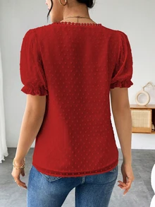 EMERY ROSE Blusa casual de unicolor de manga corta para mujer, adecuada para el verano - Rojo - Ver 2
