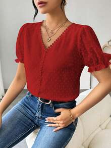EMERY ROSE Blusa casual de unicolor de manga corta para mujer, adecuada para el verano - Rojo - Ver 6