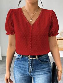 EMERY ROSE Blusa casual de unicolor de manga corta para mujer, adecuada para el verano - Rojo - Ver 7