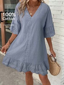 SHEIN LUNE Various Designs Lace Trim Collar & Cuff Splicing Ruffled Hem Women Dress - Grey - View 1