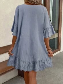 SHEIN LUNE Various Designs Lace Trim Collar & Cuff Splicing Ruffled Hem Women Dress - Grey - View 2