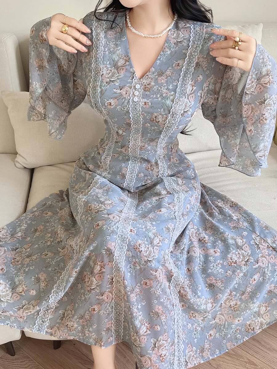 Feyla 女式全印花蕾丝拼接V领长袖连衣裙 - 藍色 - 查看 1