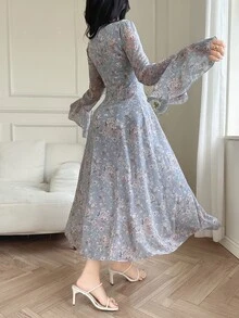 Feyla 女式全印花蕾丝拼接V领长袖连衣裙 - 藍色 - 查看 2