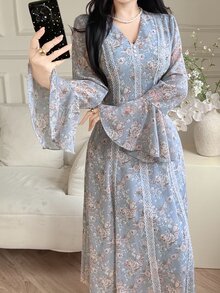 Feyla 女式全印花蕾丝拼接V领长袖连衣裙 - 藍色 - 查看 3
