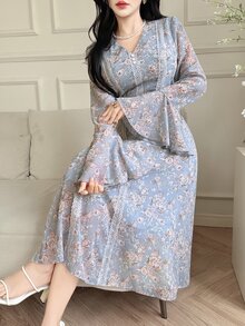 Feyla 女式全印花蕾丝拼接V领长袖连衣裙 - 藍色 - 查看 5