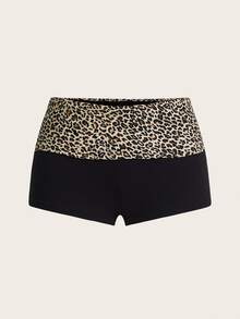 SHEIN ICON Leopard Print Foldover Waist Ultra Low Rise Super Short Mini Black Shorts - Apricot - View 1