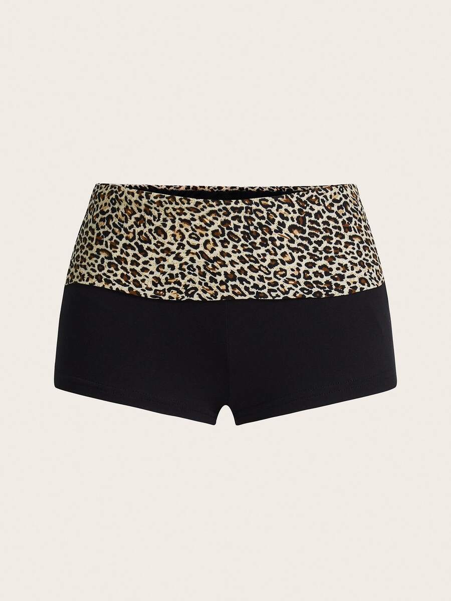SHEIN ICON Leopard Print Foldover Waist Ultra Low Rise Super Short Mini Black Shorts - Apricot - View 1